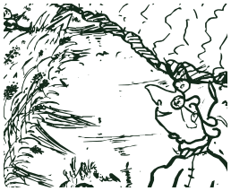 Ink drawing of a pig and a farmer on a track through the fields