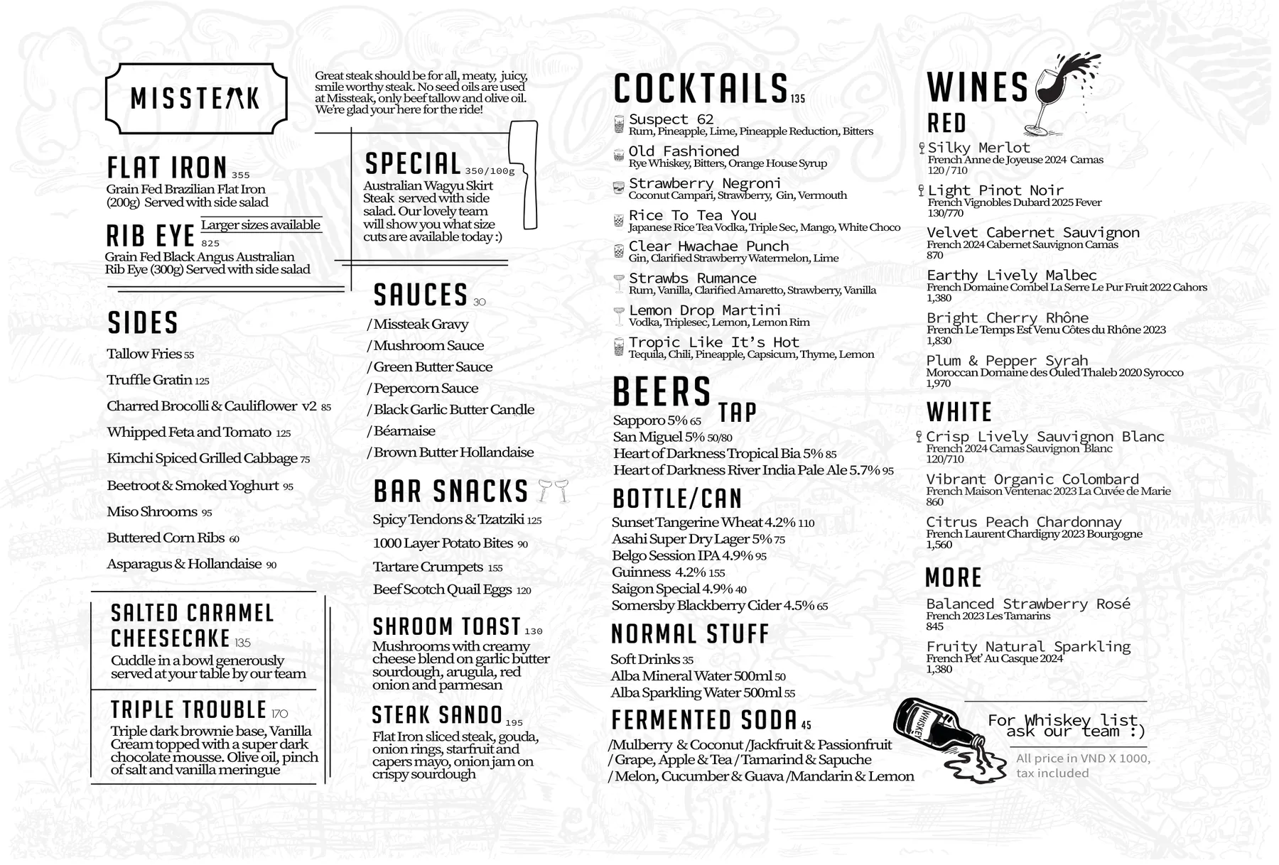 The full Missteak printed menu in English: steak, sides, bar snacks, sauces, dessert, wine, cocktails and beer