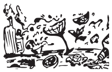 Hand-drawn ink market stall with a bottle, mushrooms, tomatoes and herbs
