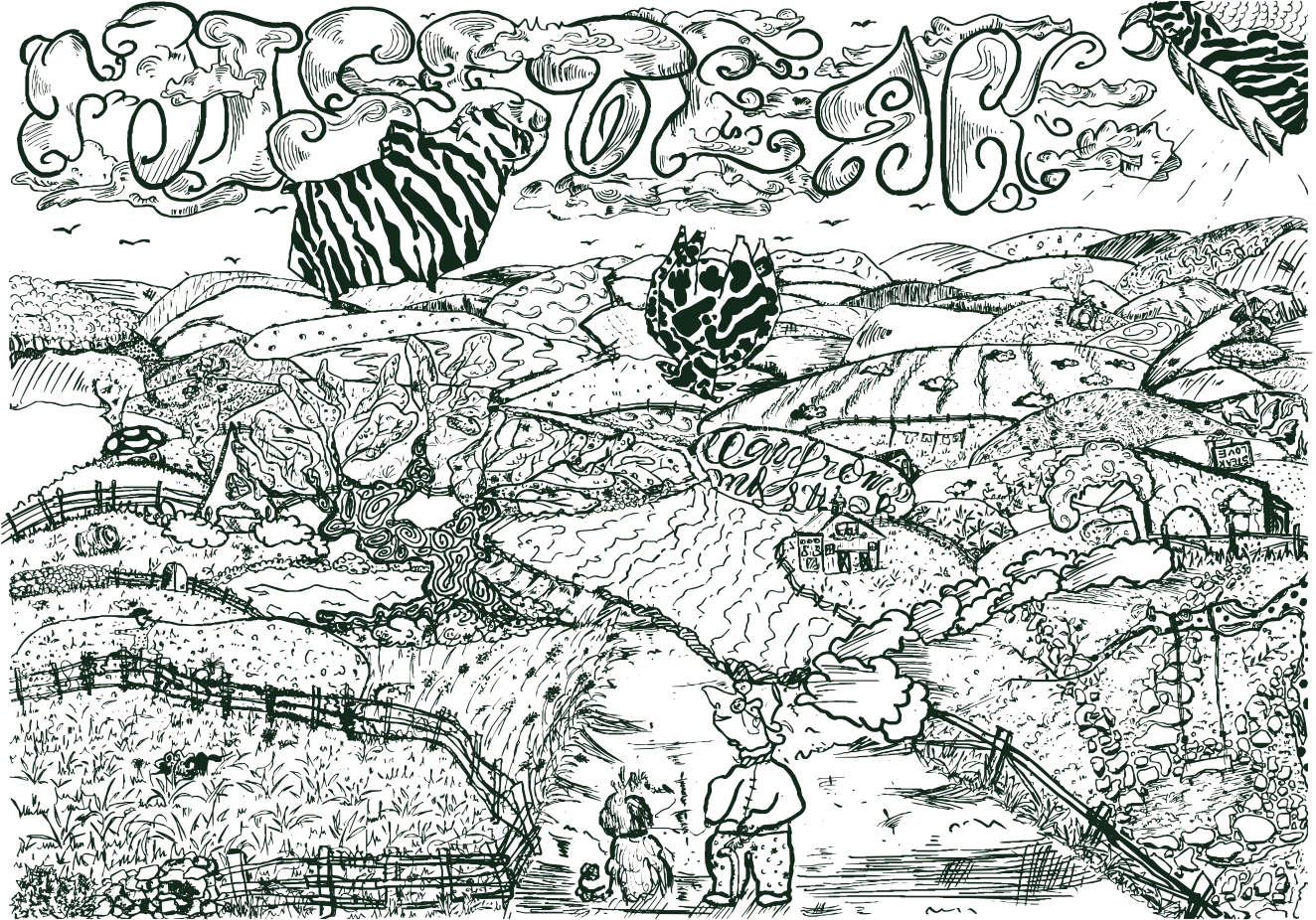 Hand-drawn ink landscape with the words 'Steak Love' in the clouds, a zebra-striped cut of beef rising over the hills and a pig and farmer in the foreground